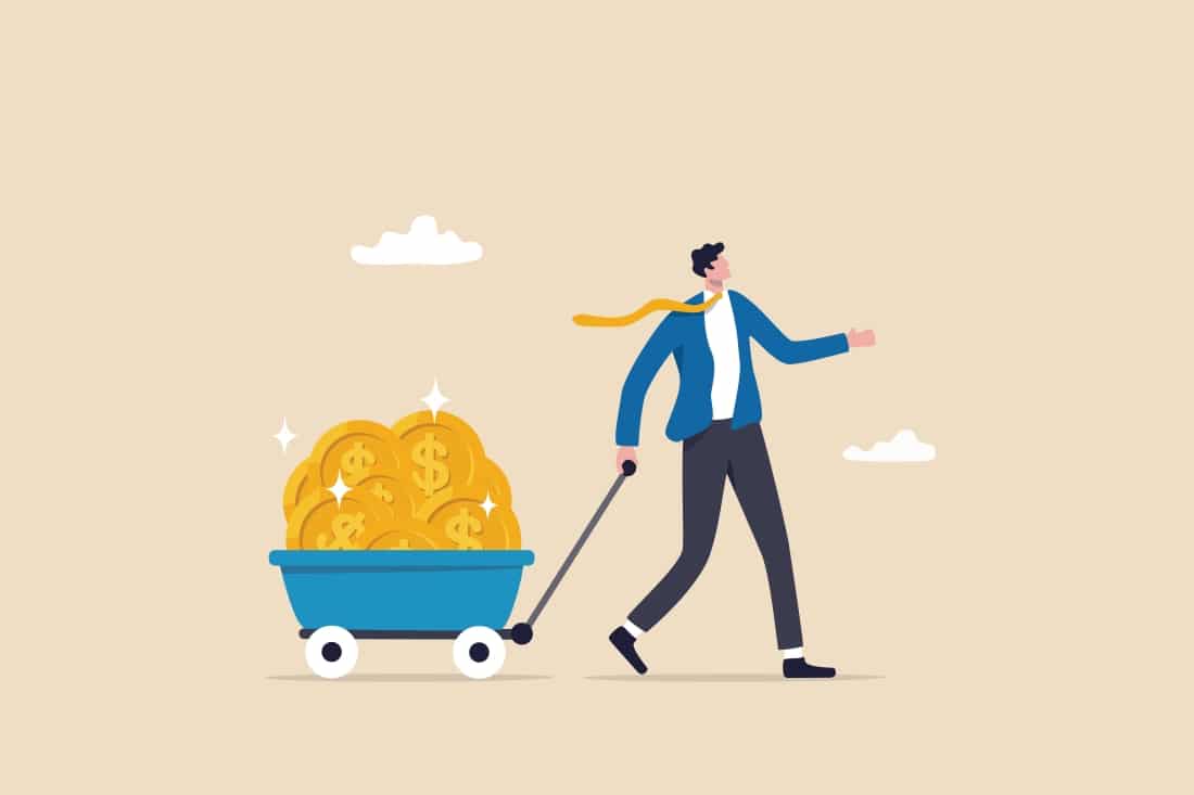 Illustration of man carrying 2 million in cart